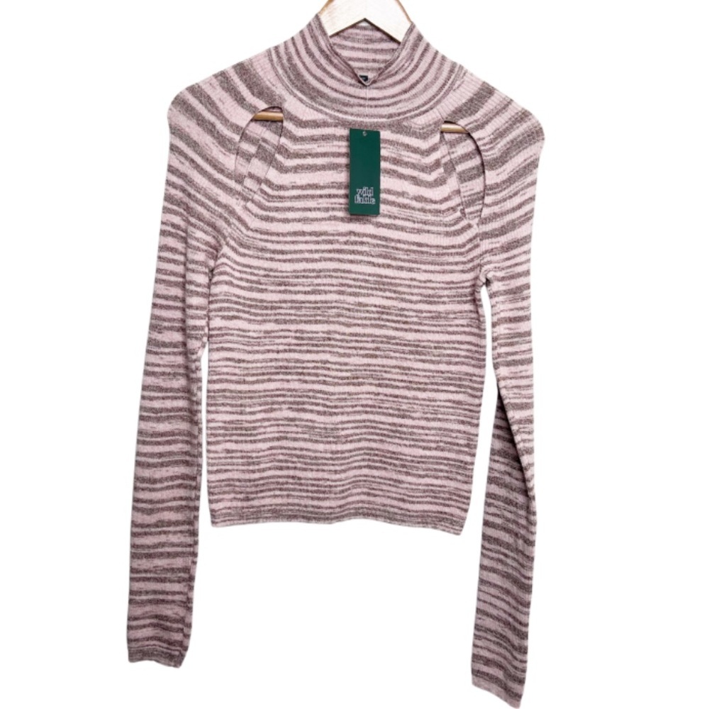 NWT Wild Fable‎ Women Pink Stripe Mock Neck Cutout Long Sleeve Cropped Sweater